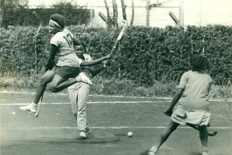 Ladies hockey team in action at the FASU games 1978.