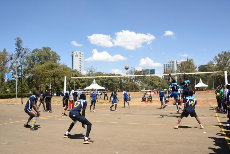 Male volleyball teams in ation at an annual UoN Sports day 2018.
