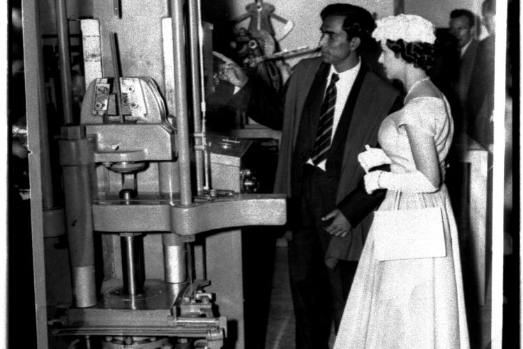 Princess Margaret on tour in the mechanical engineering labs 1956.